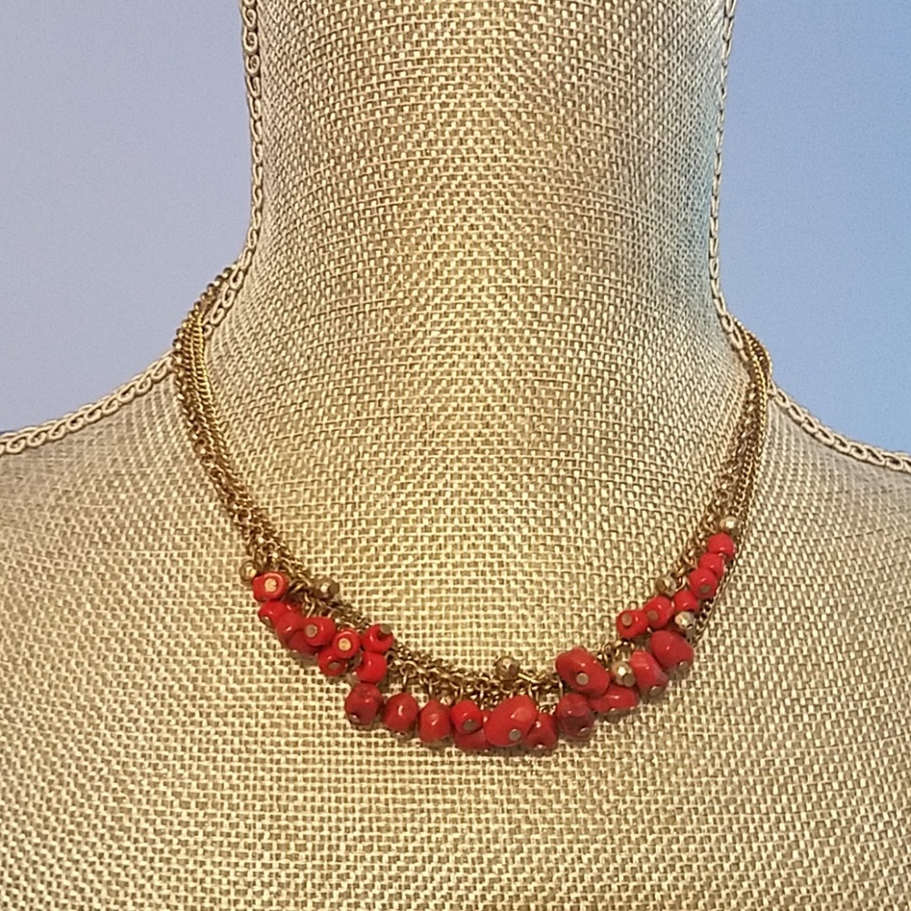 Red bead with gold and silver mix chain necklace